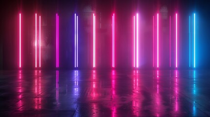 Dynamic neon lights in pink and blue hues create a vibrant urban night scene with a hint of sci-fi aesthetic