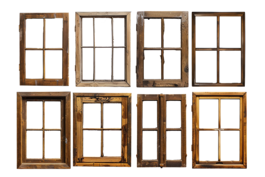 A collection of industrial-style vintage wooden window frames on a clean white background