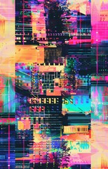 A chaotic glitch art creation featuring a distorted cityscape with colorful overlay and digital noise