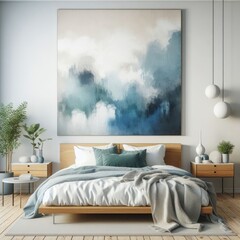 Bedroom sets have template mockup poster empty white with a large painting above Bedroom interior art photo harmony lively.