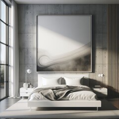 Bedroom sets have template mockup poster empty white with a large painting above Bedroom interior art photo photo harmony lively.