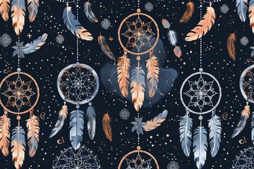 
Seamless pattern with dream catchers on the moon. Design for clothing, bedding, underwear, pajamas, banner, textile, poster, card and scrapbook
