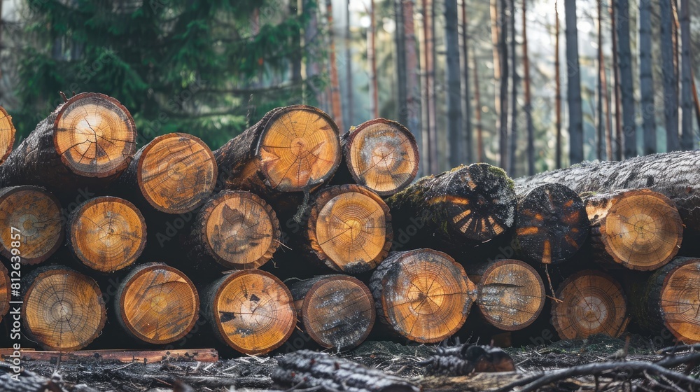 Poster arranged stack of spruce log trunks from the forest for timber production with a clear image