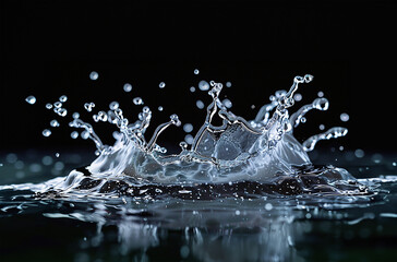 A macro view of a water splash, capturing the ephemeral beauty of its intricate details, starkly contrasted against a pure black background
