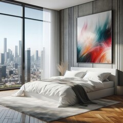 Bedroom sets have template mockup poster empty white with a large window and a large painting on the wall art photo photo has illustrative meaning used for printing.