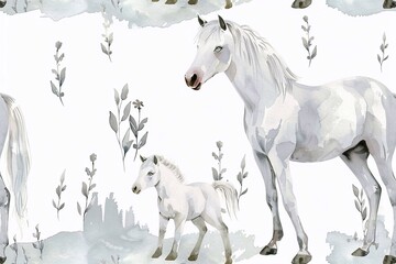 Seamless pattern with painted horse and baby horse wallpaper background. Design for clothing, bedding, underwear, pajamas, banner, textile, poster, card and scrapbook