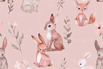  Seamless pattern with painted pink soft pastel color with little animals, wallpaper background. Design for clothing, bedding, underwear, pajamas, banner, textile, poster, card and scrapbook