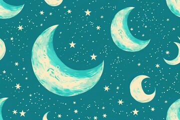 Naklejka premium Seamless pattern with painted turquoise moon and stars wallpaper background. Design for clothing, bedding, underwear, pajamas, banner, textile, poster, card and scrapbook