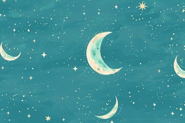 Obraz na płótnie Canvas Seamless pattern with painted turquoise moon and stars wallpaper background. Design for clothing, bedding, underwear, pajamas, banner, textile, poster, card and scrapbook