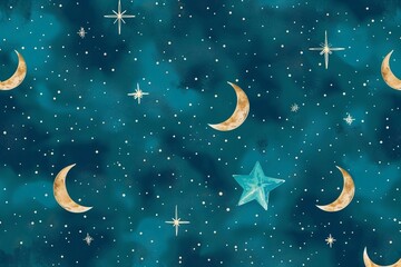 Obraz na płótnie Canvas Seamless pattern with painted turquoise moon and stars wallpaper background. Design for clothing, bedding, underwear, pajamas, banner, textile, poster, card and scrapbook