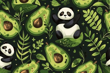
Seamless pattern with panda on avocado, design for clothes, bed linen, underwear, pajamas, banner, textile, poster, postcard and scrapbook