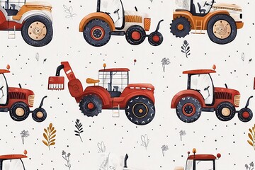 
Seamless pattern with tractors, wallpaper background. Design for clothing, bedding, underwear, pajamas, banner, textile, poster, card and scrapbook