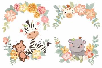 Obraz na płótnie Canvas Cute and charming set of cartoon animals zebra monkey giraffe and hippo in flower wreaths children's clipart