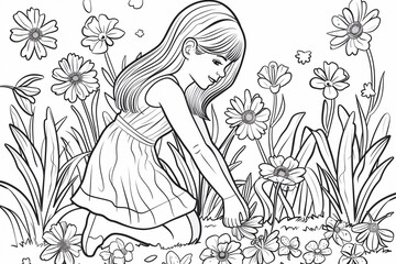 Cute spring girl picking flowers coloring page for kids 