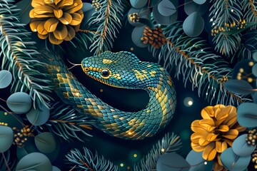 The concept of the new year 2025. The concept of the year of the snake. Greeting banner with the image of a snake, fir branches, Christmas tree toys. Illustration of the new year 2025. Illustration --