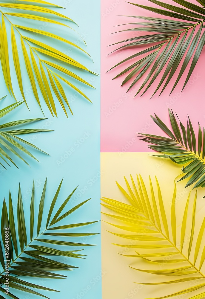 Canvas Prints The image shows a creative arrangement of tropical palm leaves on a pastel-colored background split into four parts