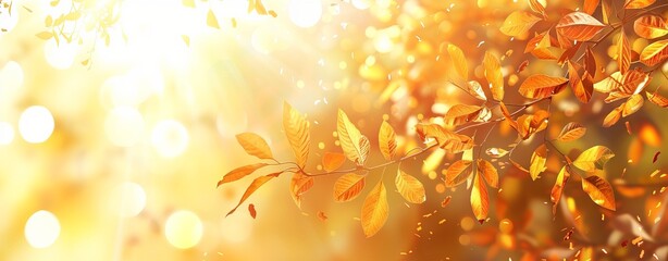 A warm and vibrant image of autumn leaves glistening in the sunlight with a bokeh effect creating a dreamy mood
