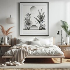 Bedroom sets have template mockup poster empty white with Bedroom interior and a framed picture art photo photo lively card design.