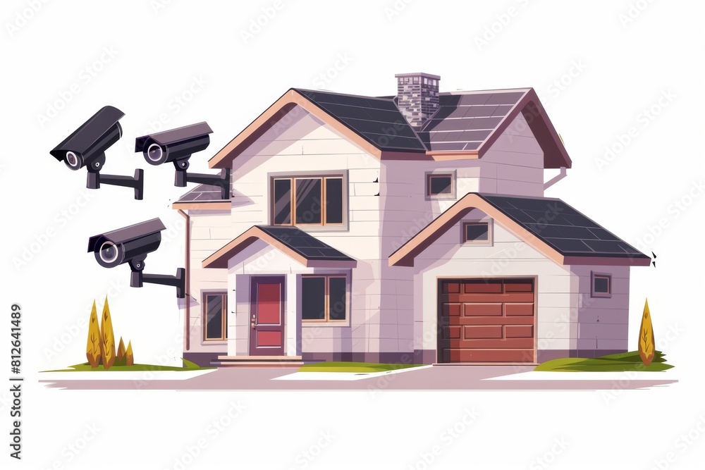 Poster watchful security cameras monitor remotely, using smart surveillance and modern technology for effec