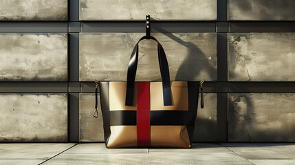 A brown and black purse with a red stripe sits on a concrete floor. The purse is hanging from a wall, and the background is made of concrete blocks. Concept of urbanity and simplicity