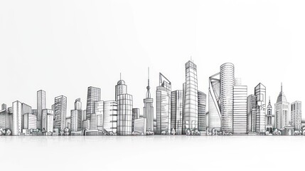 Detailed panoramic sketch capturing the skyline of a city with diverse architectural styles and buildings