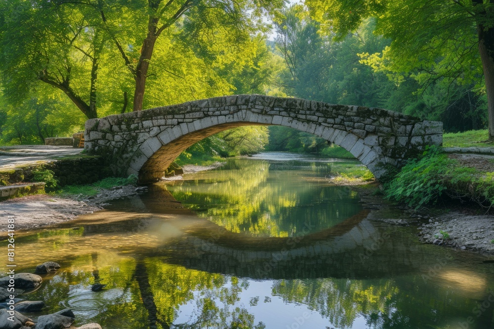 Poster idyllic scene of an old stone arch bridge reflected in a calm river amidst lush greenery