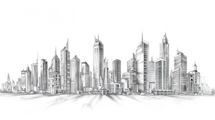 This image captures an artistic skyline filled with pencil-drawn tall buildings showcasing urban density