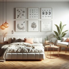 Bedroom sets have template mockup poster empty white with Bedroom interior and chairs image art realistic photo photo.