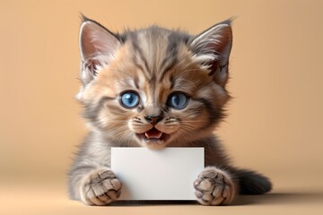 cute kitten with a pure form for text, isolated on a light brown background