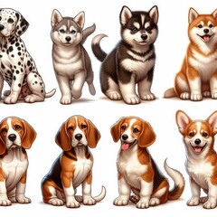 Many dogs sitting and posing image art attractive card design illustrator