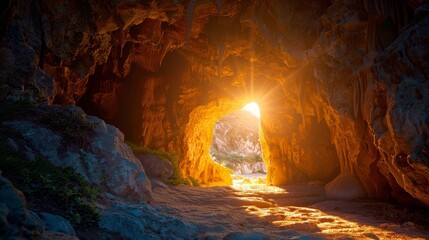 A cave entrance with light shining through