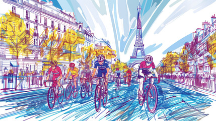 Tour de France cycling sport competition, colored line art illustration; intense race. Spectacular world famous bicycle competition in France, europe. Poster or background design. Eiffel tower.