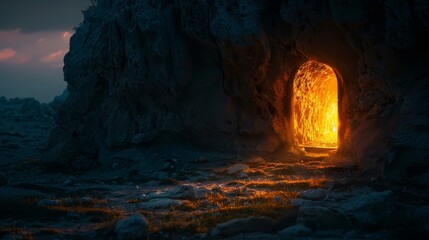 A copy space background banner with an open tomb door illuminated by the dawn light