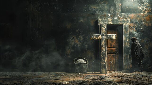 A cross is placed on the empty tomb with an open door