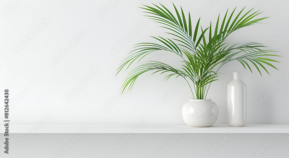 Poster a white vase and a green plant are on a shelf. the shelf is empty and the white vase is the only obj