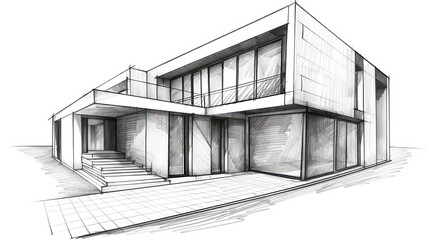 A finely detailed pencil sketch showcasing the facade of a contemporary two-story residential building with large windows
