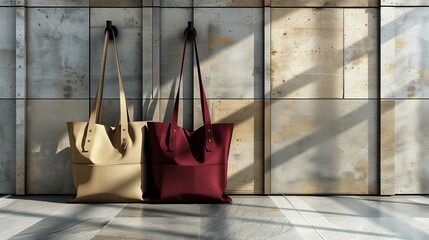 Two bags, one brown and one red, are hanging on a wall. The scene has a minimalist and modern feel