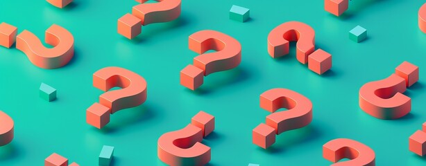 An image showcasing 3D coral-colored question marks scattered on a bright turquoise background suggesting curiosity and confusion