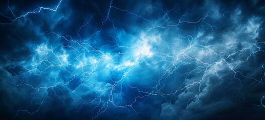 A dramatic and powerful image of an intense lightning storm with electric blue bolts branching across a dark stormy sky, evoking energy