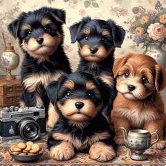 Many puppies sitting on a table art photo harmony lively illustrator illustrator.