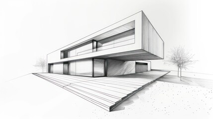 Black and white pencil sketch of a modern minimalist house with distinct clean lines and a single tree