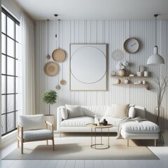 living room with a template mockup poster empty white and With Couch And Table image art lively has illustrative meaning.