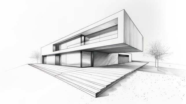 Black and white pencil sketch of a modern minimalist house with distinct clean lines and a single tree
