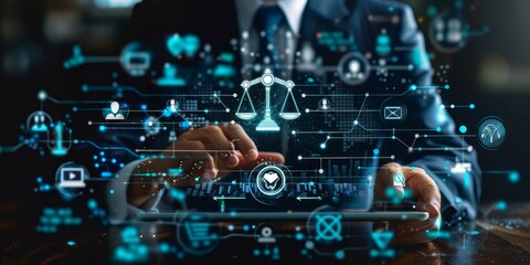 Businessman touching a law icon on a virtual screen, with a background featuring icons of justice and technology