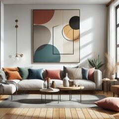 living room with a template mockup poster empty white and With Large Painting On The Wall image art harmony lively.