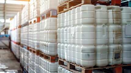 large plastic containers with liquids in production. Barrels for the chemical industry. White plastic containers. Chemical industry