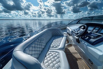 The interior of the motor boat had white and black leather seats, with the steering wheel on the right side and a window at the front view