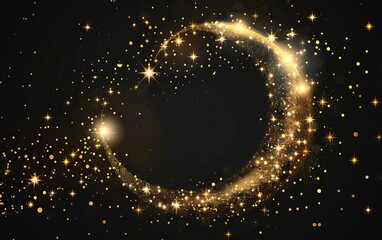 A dazzling golden sparkles form a swirling vortex against the black background, suggesting festivity or cosmos
