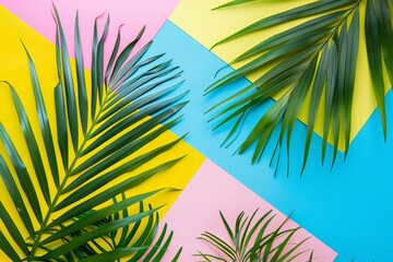 Colorful palm leaves are contrasted against a multicolored geometric background with a summer vibe