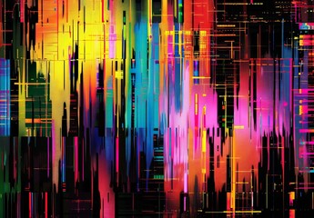 A modern abstract background with a digital glitch art style creating a chaotic mix of colorful lines and patterns